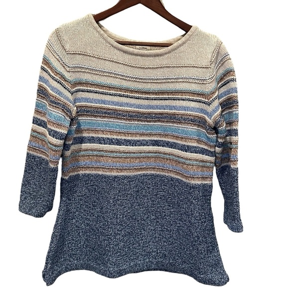 LL Bean Women’s Striped Fisherman’s Blue Khaki Brown Knit Tunic Sweater Size XL - Picture 1 of 9